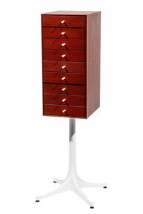 George Nelson for Herman Miller Miniature Cabinet: George Nelson for Herman Miller Miniature Cabinet, c. 2005, Herman Miller tag, model 5217, designed 1952, enameled steel and teak, h.44 in., w. 10 1/4 in., d. 13 in. Provenance: Estate of Eric Bloomqu