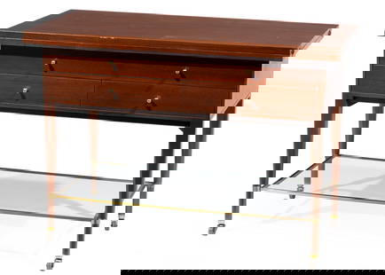 Paul McCobb for Calvin Group Walnut Bar Cart: Paul McCobb (American, 1917-1969) for Calvin Group Brass-Mounted Walnut Extension Bar Cart, 1950s, labeled, Grand Rapids, folded sliding top, one long over two short drawers, turned tapering legs, gla