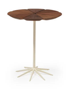 Richard Schultz for Knoll Side Table & Armchair: Richard Schultz for Knoll Petal Side Table and Armchair, chair marked, h. 29 1/2 in., w. 23 1/4 in., d. 24 in.; table with enameled aluminum, lacquered redwood, h. 19 in., dia 1 1/4 in. Provenance: Es