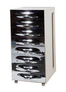 Raymond Loewy DF 2000 Valet Cabinet: Raymond Loewy DF 2000 Valet Cabinet, Doubinsky Freres, France, labeled, wood and laminate cabinet with molded silver drawer fronts, hinged top with interior mirror and removable tray, over two single