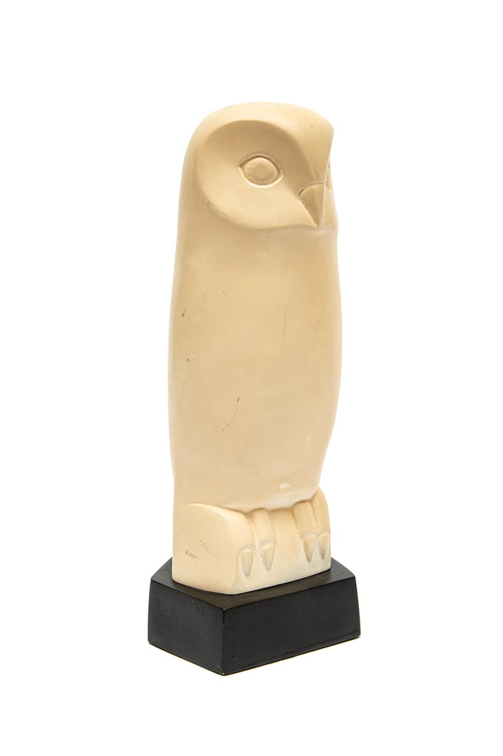 Cleo Hartwig (American/Michigan, 1911-1988): Cleo Hartwig (American/Michigan, 1911-1988), "Owl", plaster, signed on reverse above self-base, h. 10 1/2 in., w. 4 5/8 in., d. 4 5/8 in. Provenance: Link Auction Galleries, St. Louis, MO, July 15, 20
