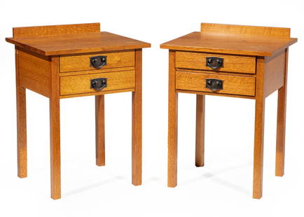 Stickley by Audi Oak Nightstands: Stickley by Audi Oak Nightstands, late 20th c., metal tags, quartersawn oak and oak veneer, h. 28 in., w. 20 in., d. 17 1/2 in. Provenance: Rago Auction, Lambertville, NJ, Jan. 13, 2012, lot 222; Esta