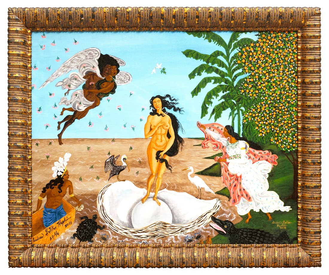 Andrew LaMar Hopkins (American/Louisiana): Andrew LaMar Hopkins (American/Louisiana, b. 1977), "The Birth of Creole Venus", 2018, giclee on canvas, signed, dated and inscribed "AP 1/4" lower left, signed and dated in plate lower right, 11 5/8
