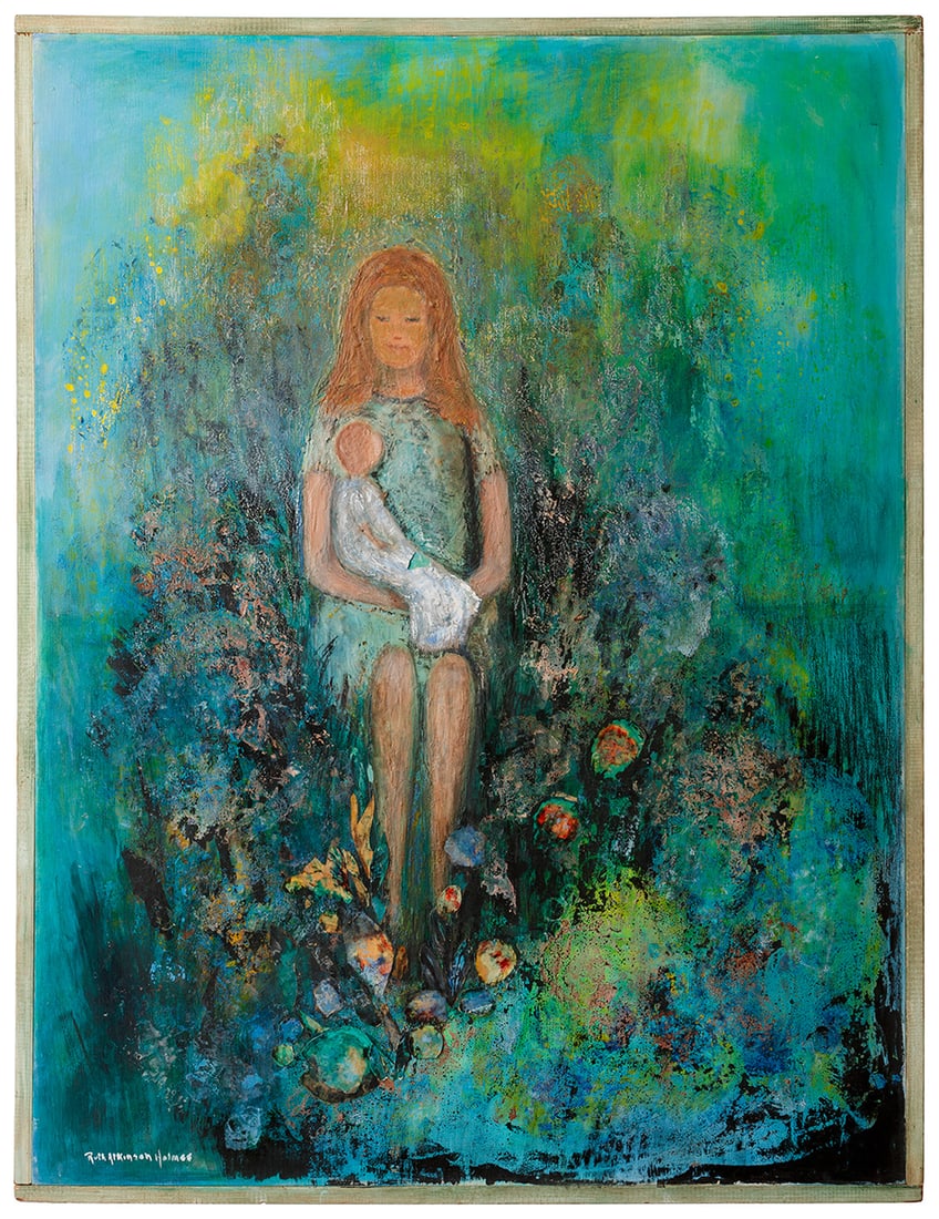 Ruth Atkinson Holmes (American/Mississippi): Ruth Atkinson Holmes (American/Mississippi, 1909-1981), "Mother and Child", oil and mixed media collage on canvas, signed lower left, 47 1/2 in. x 36 in., framed, overall 49 in. x 37 1/2 in. x 1 in.