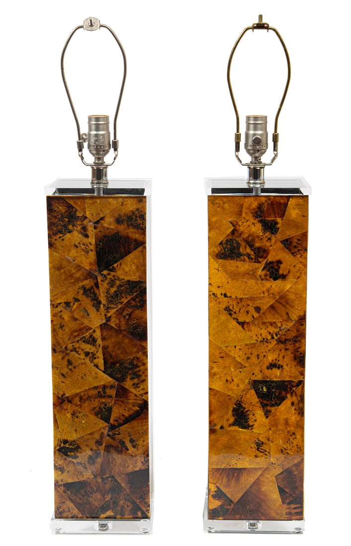 Contemporary Faux Tortoiseshell and Lucite Lamps: Pair of Contemporary Faux Tortoiseshell and Lucite Lamps, h. (to socket) 24 in. Provenance: Michael W. Murphy, El Dorado, AR.