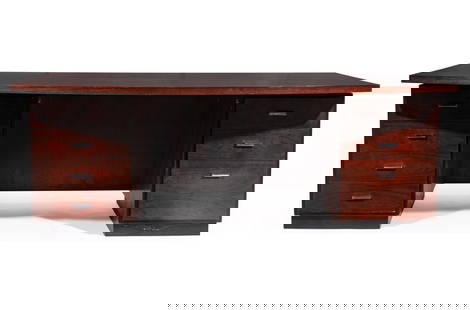 John Stuart Rosewood Executive Desk: Mid-Century Modern for John Stuart Rosewood Executive Desk, 1970s, labeled, double pedestal, top with curved front edge, h. 28 1/2 in., w. 79 in., d. 45 1/4 in.