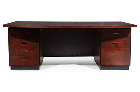 John Stuart Rosewood Executive Desk: Mid-Century Modern for John Stuart Rosewood Executive Desk, 1970s, labeled, double pedestal, top with curved front edge, h. 28 1/2 in., w. 79 in., d. 45 1/4 in.