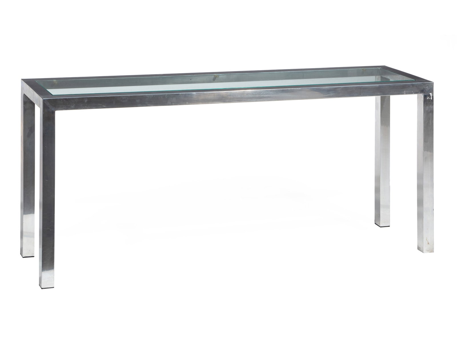 Glass-Inset Chromed Steel Console Table: Vintage Glass-Inset Chromed Steel Console Table , h. 26 1/4 in., w. 60 in., d. 14 in.