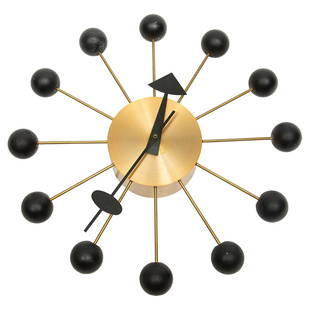 George Nelson For Herman Miller Ball Wall Clock: George Nelson For Herman Miller Model 4755 Ball Wall Clock, designed 1949, brass, lacquered wood, enameled aluminum, Howard Miller label to dial and rear, electric movement, dia. 13 1/4 in., d. 2 1/5