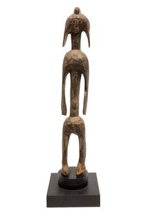 African Mumuye Carved Wood Iagalagana Figure: African Mumuye Carved Wood Iagalagana Figure, Nigeria, h. 35 1/2 in., rotating circular base on a square plinth, overall h. 41 in., w. 11 1/4 in., d. 11 1/4 in. Provenance: Museum of Fine Arts, Housto