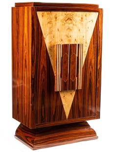 Art Deco-Style Revolving Door Bar Cabinet: Art Deco-Style Revolving Door Bar Cabinet, 20th c., front revolves on center axis, interior with mirrored shelf and bottle rack, h. 61 1/2 in., w. 35 1/2 in., d. 20 in.