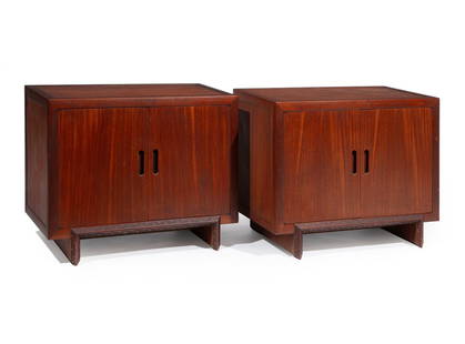 Pair of Frank Lloyd Wright for Heritage Henredon Mahogany Cabinets: Pair of Frank Lloyd Wright for Heritage Henredon Mahogany Cabinets, c. 1955, branded mark, Frank Lloyd Wright ink monogram decal, base with Talisen design, interior with one shelf, h. 25 1/4 in., w. 3