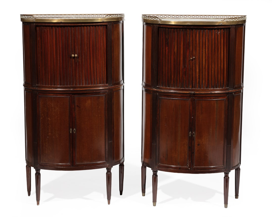 French Bronze-Mounted Mahogany Tall Commodes: Pair of French Neoclassical Bronze-Mounted Mahogany Demilune Tall Commodes, early 19th c., galleried inset marble top, upper case with tambour door and fitted interior, lower case with shelf interior,