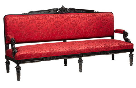 American Neo-Grec Ebonized and Carved Sofa: American Neo-Grec Ebonized and Carved Sofa, 19th c., New York, possibly Alexander Roux, scrolled crest rail centered by shell, padded griffin arms, turned tapered legs with acanthus carving, h. 44 in.