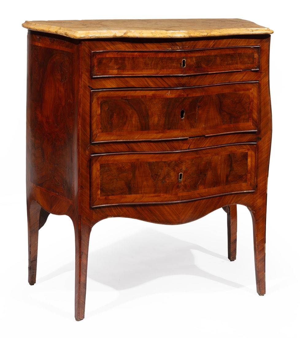 Louis XVI Inlaid Tulipwood Serpentine Commode: Louis XVI Inlaid Tulipwood Serpentine Commode, late 18th/early 19th c., molded breche d'Aleps marble top, three conforming molded drawers, h. 34 in., w. 30 in., d. 15 1/2 in.