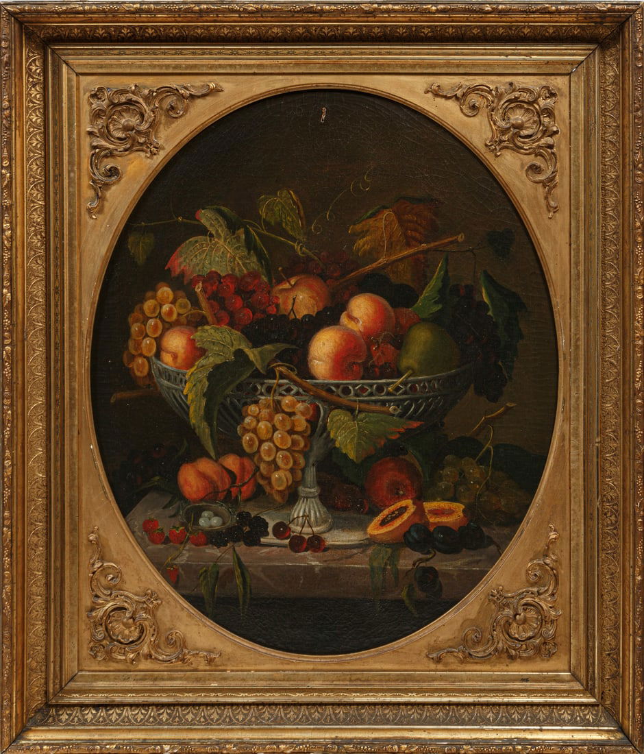 Continental School, 19th c: Continental School, 19th c., "Still Life with Peaches, Grapes, Apricots and Cherries", oil on canvas, unsigned, 30 in. x 25 in., framed, overall 36 5/8 in. x 31 1/2 in. x 3 1/4 in.