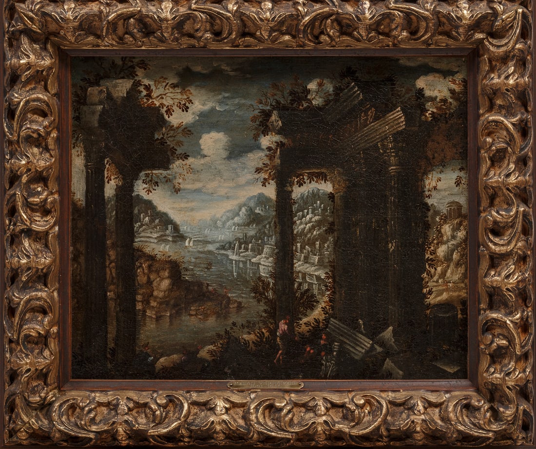 Attributed to Tobias Verhaecht (Belgian): Attributed to Tobias Verhaecht (Belgian, 1561-1631), "Capriccio of a Seaport", oil on canvas, unsigned, "Christie's" label on stretcher, 15 in. x 18 3/8 in., framed with artist plaque, overall 20 7/8