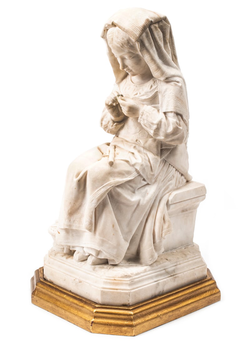 Marble Figure of a Seated Woman: Marble Figure of a Seated Woman, after Pietro Magni, cast signature and date "Pietro Magni 1873" proper right, h. 21 in., w. 10 1/2 in., d. 11 in., carved giltwood base, overall h. 23 in.
