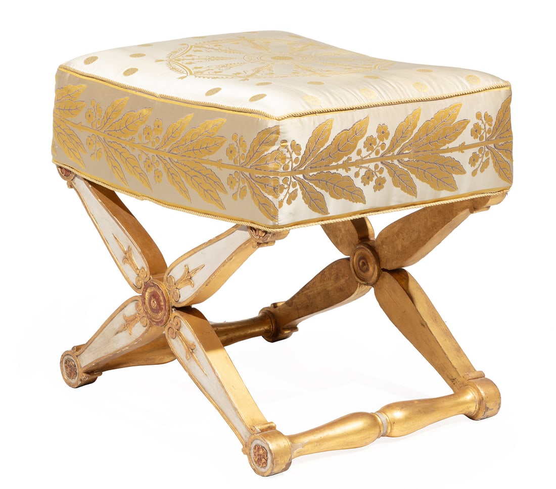 Parcel Gilt and Painted Tabouret attr. Freres: French Empire Parcel Gilt and Painted Tabouret, c. 1805, attr. to Jacob Freres, nearly identical to the one provided to Empress Josephine at Malmaison, fine silk upholstery, X-form frame, turned stret