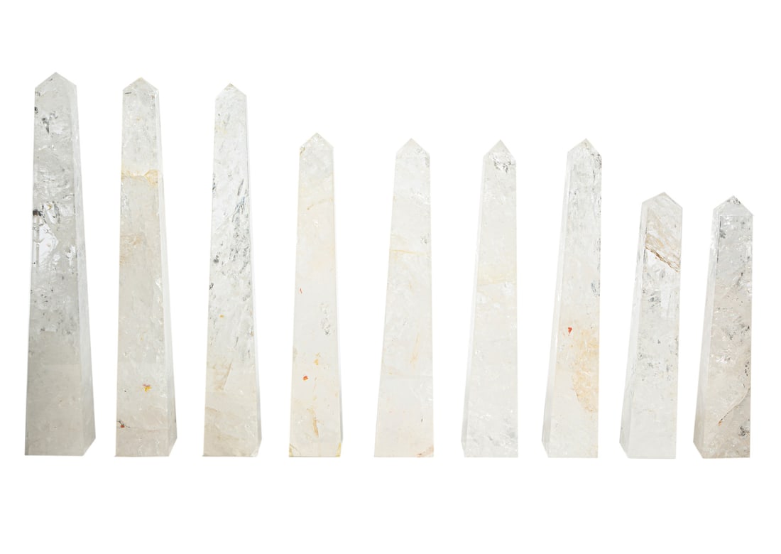Nine Continental Rock Crystal Obelisks: Nine Continental Rock Crystal Obelisks, tallest h. 14 in., w. 2 1/8 in., d. 2 1/8 in. Provenance: Collection of Dr. Bruce Wilson, Memphis, TN.