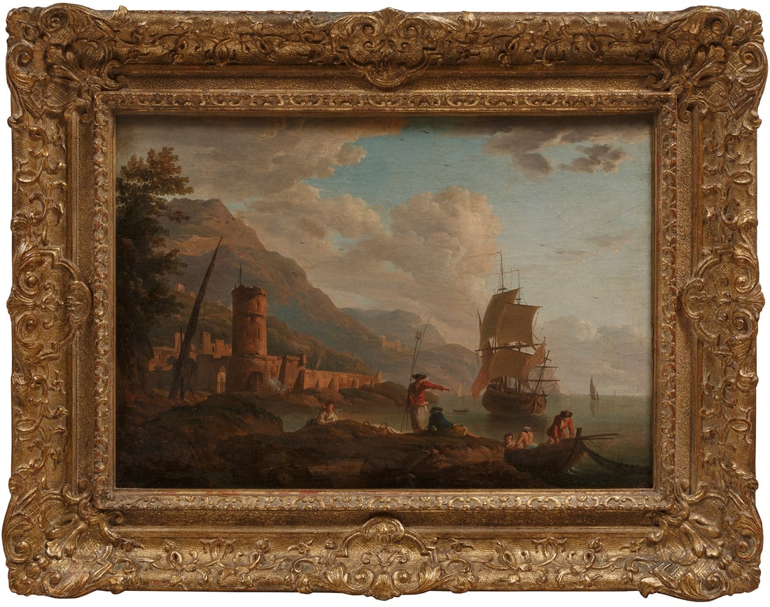 Attributed to Adrien Manglard (French, 1695-1760): Attributed to Adrien Manglard (French, 1695-1760), "Figures Coming to Shore", oil on canvas, unsigned, 12 7/8 in. x 18 1/4 in., framed, 18 7/8 in. x 24 1/4 in. x 2 7/8 in. Provenance: Bonhams, Los Ang