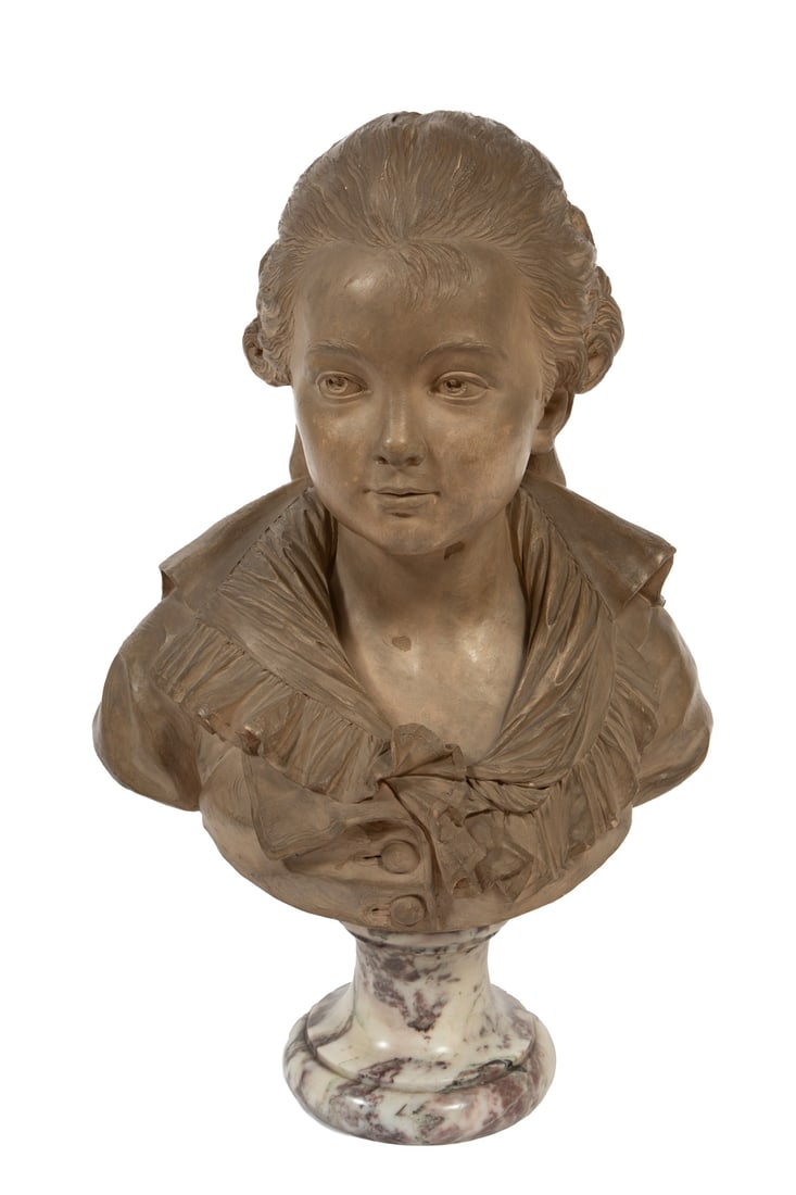French Terracotta-Colored Plaster Bust of a Boy: French Terracotta-Colored Plaster Bust of a Boy, late 18th c., attributed to Augustin Pajou, possibly depicting the Son of Jacques Poiterin, inscribed "Pajou", marble base, h. 20 1/4 in., w. 13 in., d