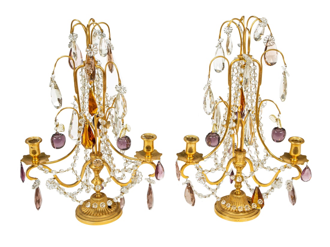 Pair of French Crystal and Hardstone Girandoles: Pair of French Crystal and Hardstone Three-Light Girandoles, marked "FRANCE", with faceted prism and apple-form pedants, h. 18 in., dia. 11 1/2 in. Provenance: Collection of Dr. Bruce Wilson, Memphis,