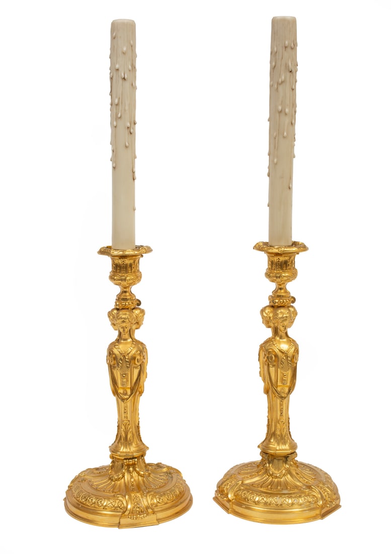 Pair of Antique French Gilt Bronze Candle Lamps (1 of 9)