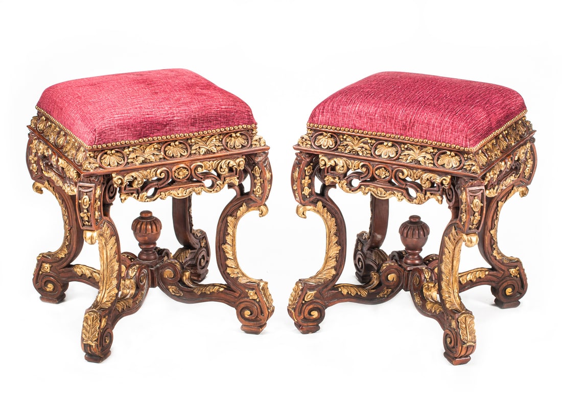 Pair of Carved and Parcel Gilt Benches: Pair of Louis XVI-Style Carved and Parcel Gilt Benches, nailhead trim, pierced apron, foliate scroll legs, finialed stretcher, h. 24 in., w. 18 1/2 in., d. 18 1/2 in.