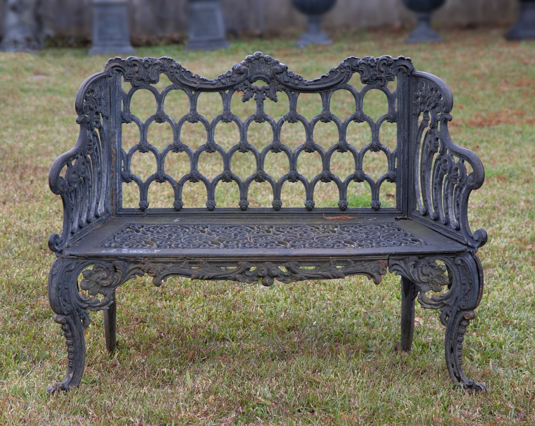 Cast Iron Garen Bench in the Gothic Pattern: Cast Iron Garen Bench in the Gothic Pattern, black paint, h. 35 in., w. 46 in., d. 18 in. Collection of Dr. Bruce Wilson, Memphis, TN.