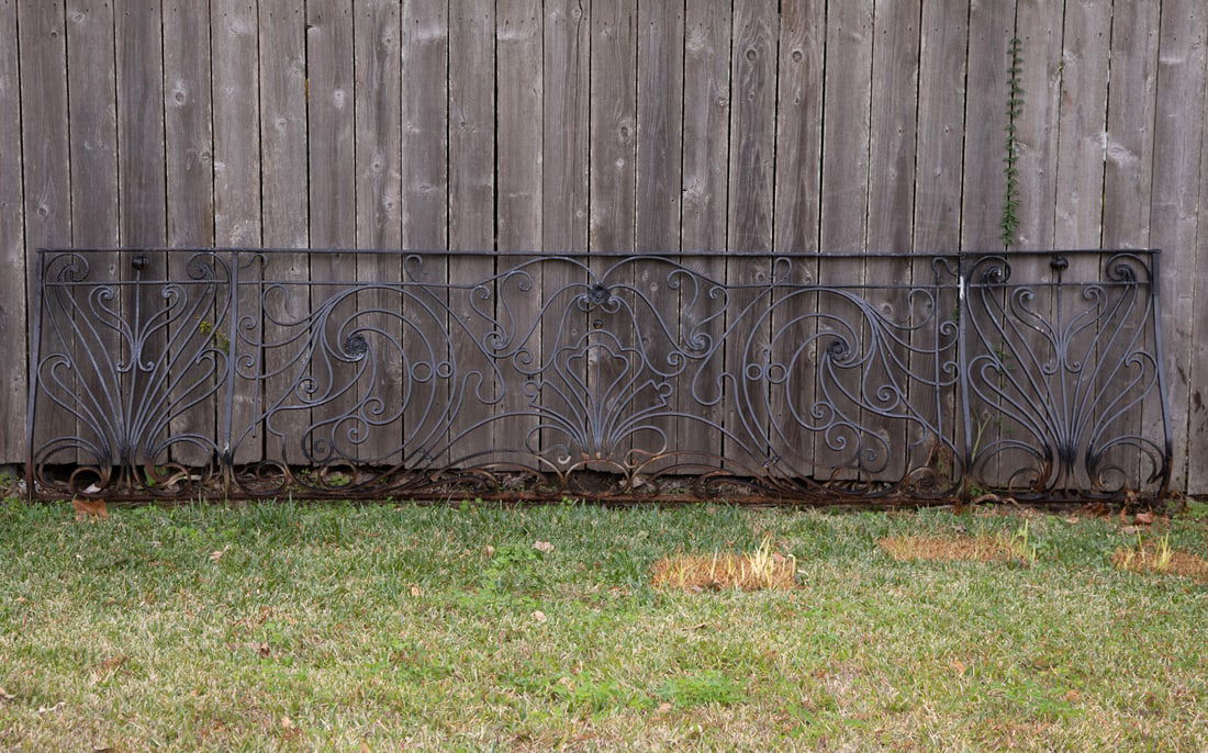 Wrought Iron Balcony Railing: Wrought Iron Balcony Railing, black paint, h. 35 in., w. 144 in., d. 4 in. Provenance: Collection of Dr. Bruce Wilson, Memphis, TN.