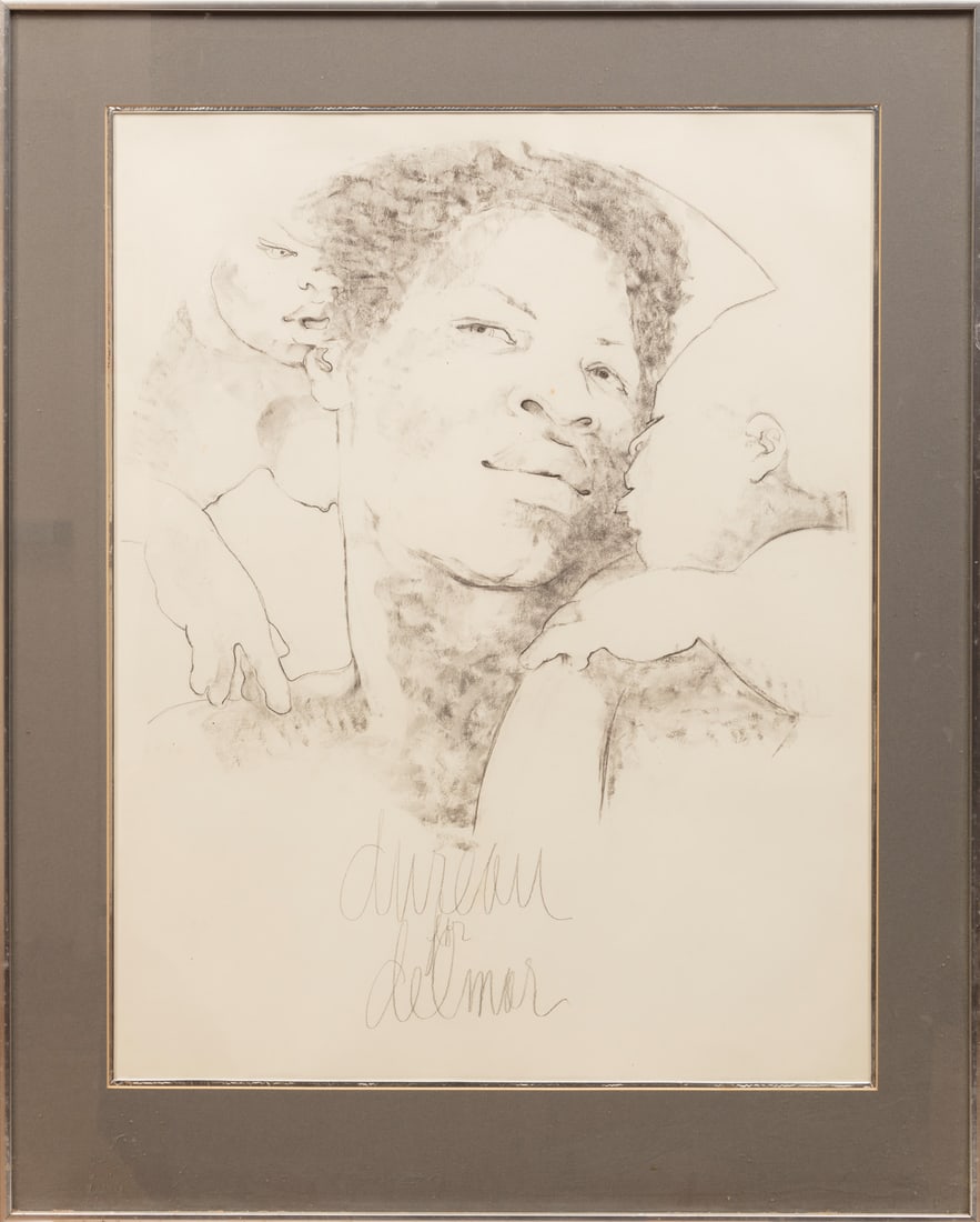 George Valentine Dureau (American/Louisiana): George Valentine Dureau (American/Louisiana, 1930-2014), "Portrait with Cherubs", charcoal on paper, signed and inscribed "for delmar" (Rise Delmar Ochsner) lower center, sight 28 in. x 21 7/8 in., fr