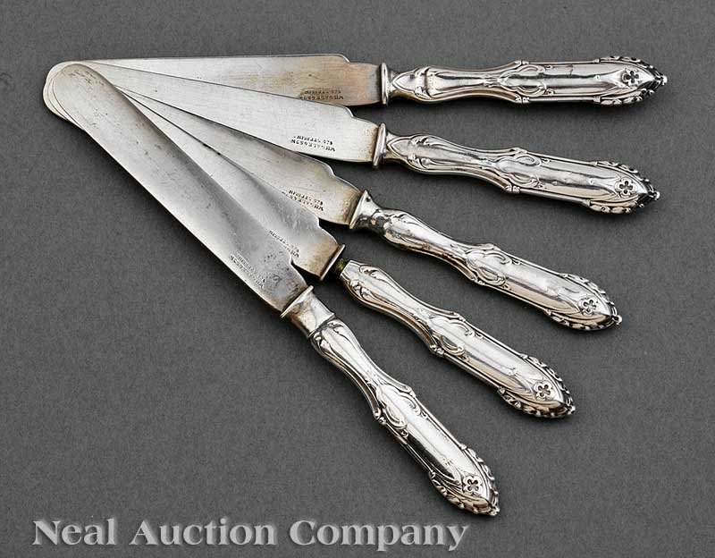 William Gale & Son Sterling Silver Tea Knives: Five American Gothic Sterling Silver Tea Knives, William Gale & Son, New York, wc. 1853-1866; each blade marked "Wm GALE & Son/925 STERLING", handle engraved "Clarke", length 6 3/4 in