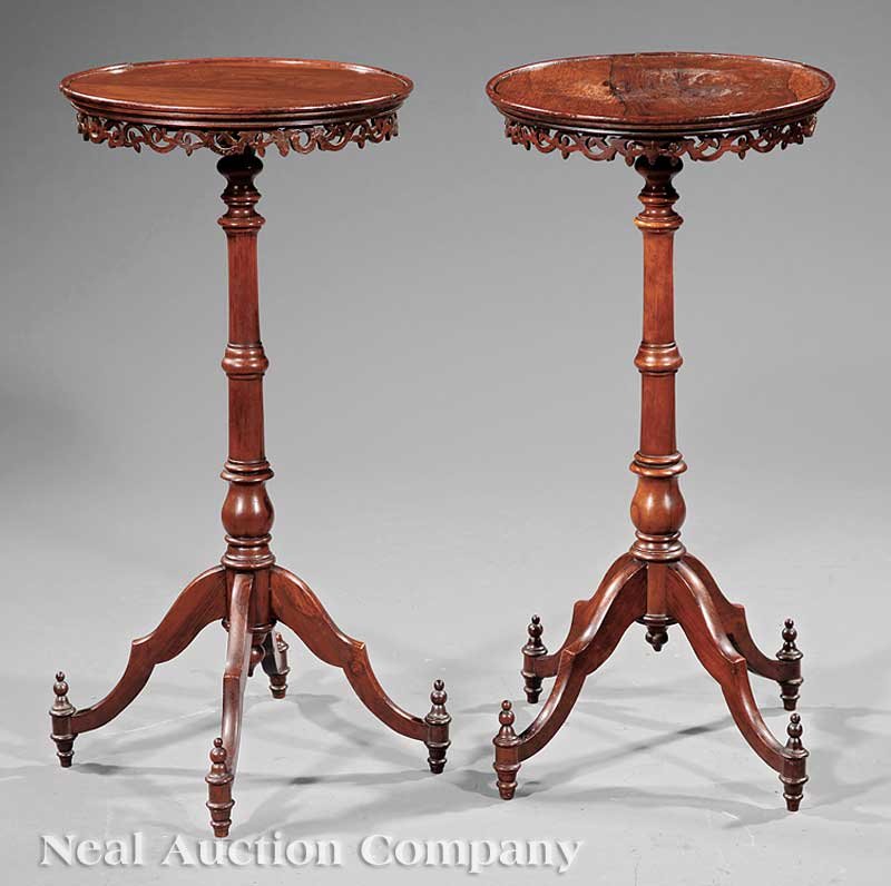American Turned, Carved Rosewood Candlestands: A Rare Pair of American Turned and Carved Rosewood Candlestands, mid-19th c., circular top with pierced frieze, ring-turned stem, splayed feet, height 26 in., diameter 12 1/2 in