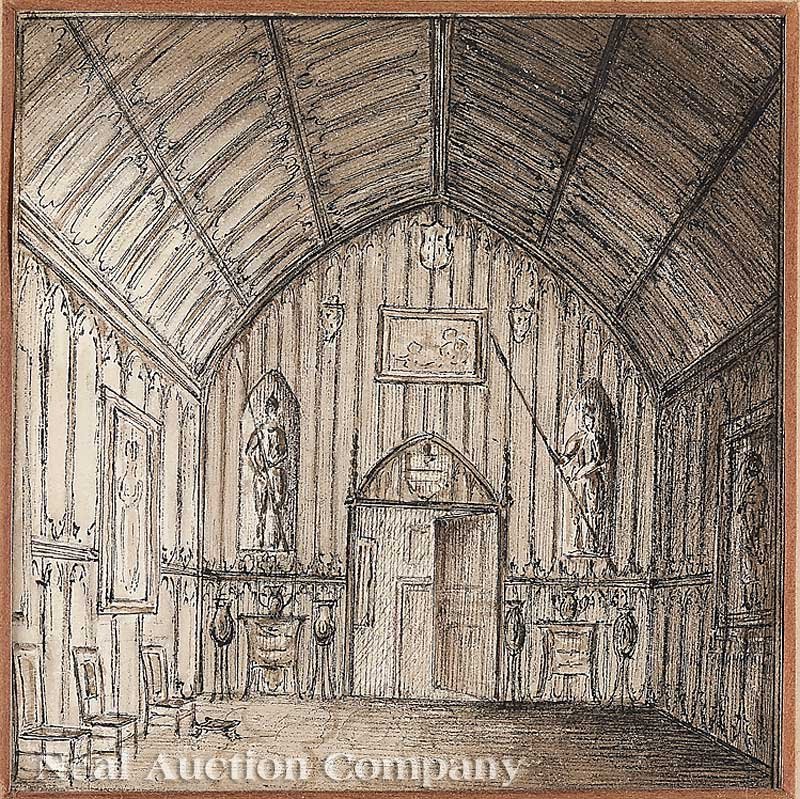 American School, 19th c: American School, 19th c., "Great Hall of a Gothic House", ink and ink wash on paper, monogrammed "HED" on original mount, 3 3/4 in. x 3 3/4 in., period frame; together with George Gilbert (American, 1