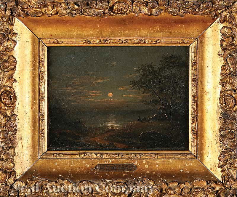 William Frederick De Haas (American, 1830-1880): William Frederick De Haas (American/Maine, 1830-1880), "Moonrise", oil on paper laid onto board, signed en verso on original wood backing board, 5 in. x 7 in., original gilt frame