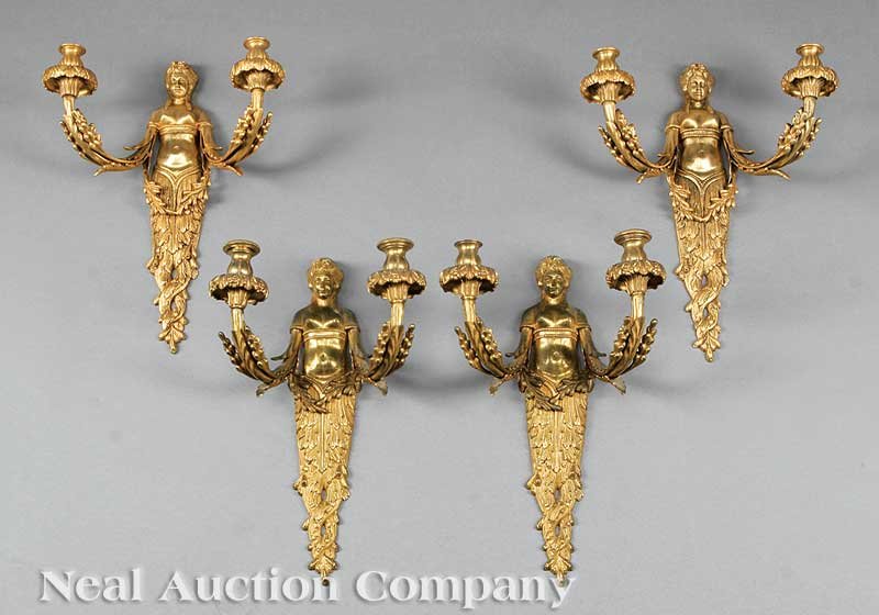 Four Neoclassical-Style Bronze Dore Sconces: A Set of Four Neoclassical-Style Bronze Dore Sconces , height 17 in., width 13 in., depth 6 in