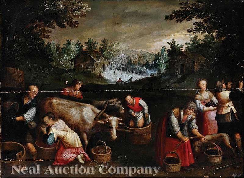 Continental School, 17th c: Continental School, 17th c., "Allegory of Autumn", after Francesco Bassano (Italian, 1549-1592), a free variant of the large painting in the Kunsthistorisches Museum, Vienna, oil on panel, 22 in. x 29