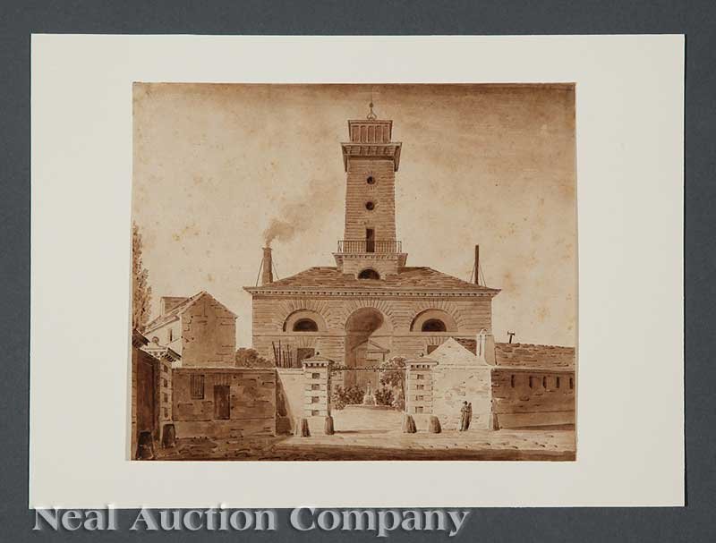 Jean Battiste Arnout (French, 1788-1865): Jean Battiste Arnout (French, 1788-1865), "Neoclassical Building, Paris Manufactury", sepia ink and wash on paper, unsigned, 5 7/8 in. x 6 3/4 in., matted Provenance: James R. Lamantia Jr., New Orlean