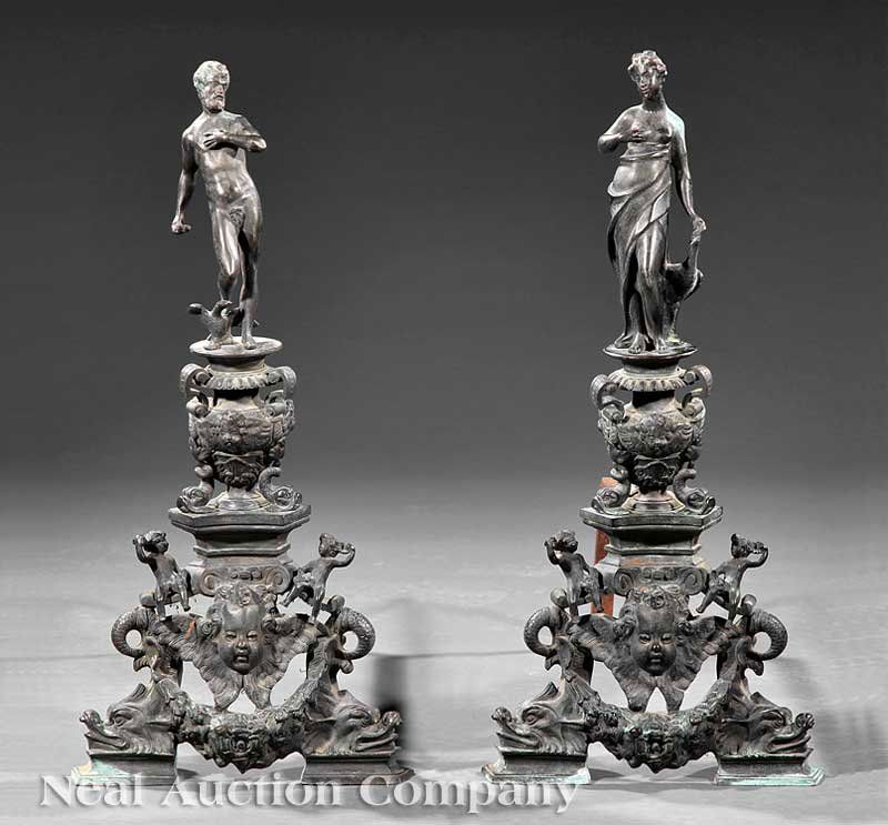 Continental Patinated Bronze Figural Andirons: A Pair of Antique Continental Patinated Bronze Figural Andirons, 19th c., opposed figures of Zeus and Hera over urns, base centered with cherub mask, flanked with putti, dolphin feet, height 29 1/2 in