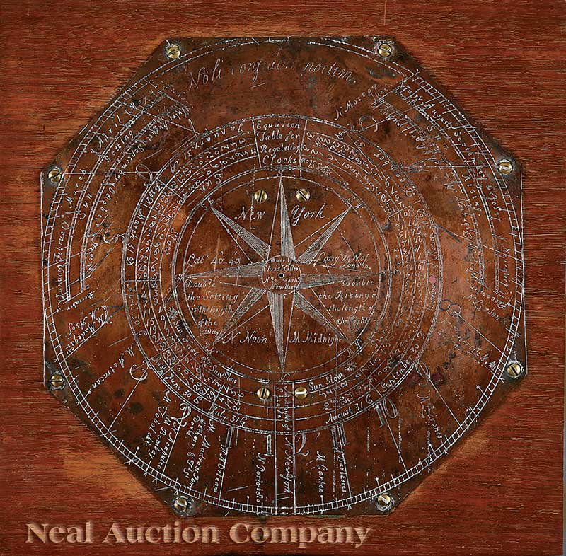 Christopher Colles Engraved Copper Sundial: A Rare American Engraved Copper Sundial, c. 1800, by Christopher Colles (New York, 1774-1816), engraved copper octagon, the center signed "Made by Chrisr. Colles/ No 42 Pearl S/New York", the inner ci