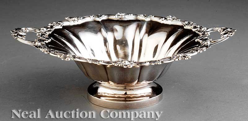William Forbes Coin Silver Two-Handled Fruit Bowl: An American Coin Silver Two-Handled Fruit Bowl, William Forbes, New York, J. & I. Cox, New York, retailer, c. 1840; marked "J & I Cox" in rectangle above the centerpoint flanked by two eagles, each in