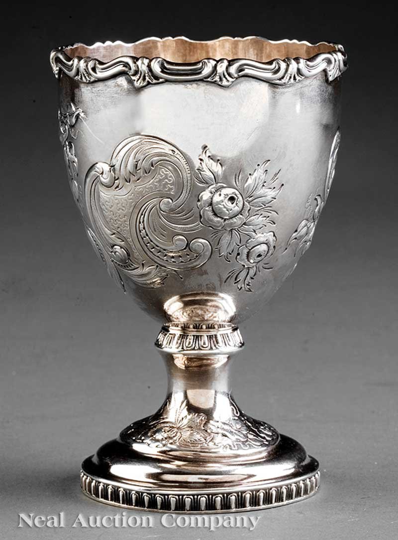 Gale & Hayden Coin Silver Repoussé Goblet: An American Coin Silver Repoussé Goblet, Gale & Hayden, New York and Charleston, SC, c. 1848, ovoid bowl with scroll rim, floral and scroll repoussé, cartouche engraved "Theus N. Miles, March 18th, 