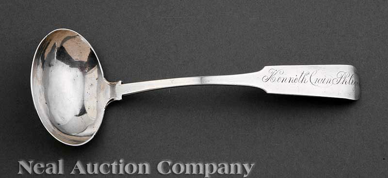 Williams & Victor Coin Silver Ladle: A Virginia Coin Silver Ladle, Williams & Victor (John Williams & John Victor), Lynchburg, wc. 1813-1845, marked "WILLIAMS" in upper arc, ampersand in serrated circle and "VICTOR" in lower arc; fiddle