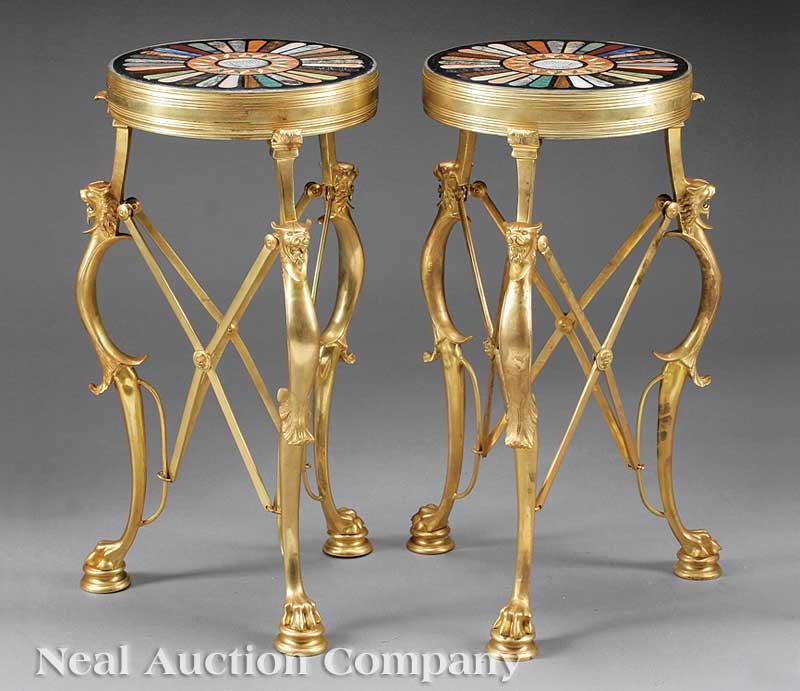 Bronze Dore and Specimen Marble Gueridons: A Pair of Neoclassical-Style Bronze Dore and Specimen Marble Gueridons, each with colorful radial top centering mosaic roundels of columned temples with opposing facades, monopod lion supports ending 