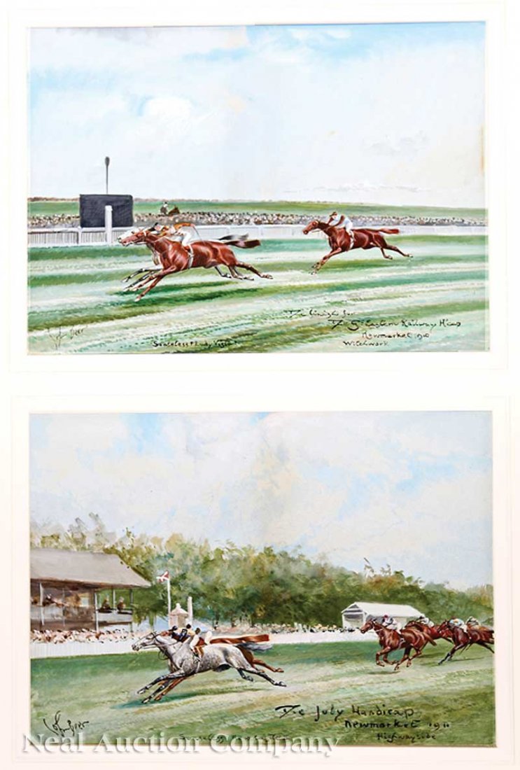 John Beer (English, 1883-1915): John Beer (English, 1883-1915), a set of six horse racing paintings including "The Finish for the Nottinghamshire Handicap at Colwick", "The Newmarket October Handicap", "The Victoria Cup, Hurst Park"