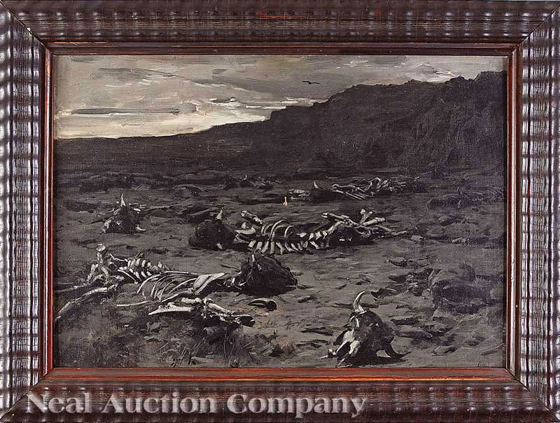 Gilbert Gaul (American, 1855-1919): Gilbert Gaul (American, 1855-1919), "Bison Graveyard", oil on canvas, signed lower right, 12 3/4 in. x 17 3/4 in., framed