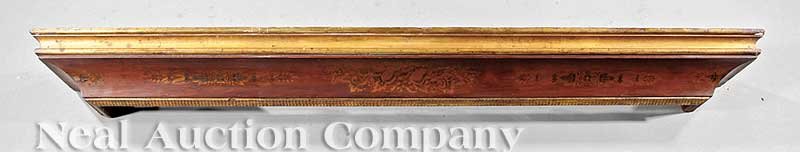 Classical Stenciled Mahogany and Giltwood Cornice: An American Classical Stenciled Mahogany and Giltwood Cornice, 19th c., fruit and floral stenciling