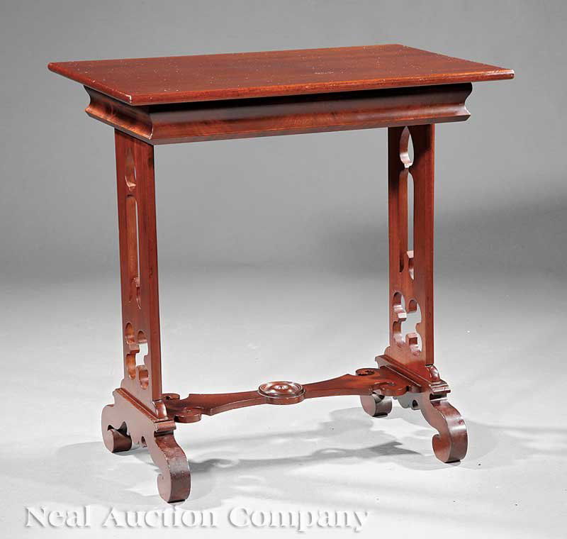 American Gothic Carved Mahogany Hall Chairs: An American Gothic Carved Mahogany Side Table, c. 1850, molded rectangular top, lancet pierced trestle supports, scrolled legs, shaped stretcher, height 27 1/2 in., width 27 in., depth 17 in