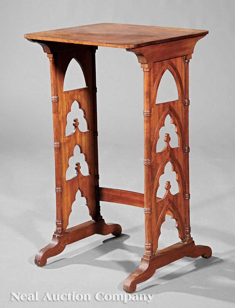 American Gothic Curly Maple Side Table: An American Gothic Curly Maple Side Table, c. 1850, rectangular top, pierced lancet supports, spreading feet, height 27 1/2 in., width 16 in., depth 14 1/2 in